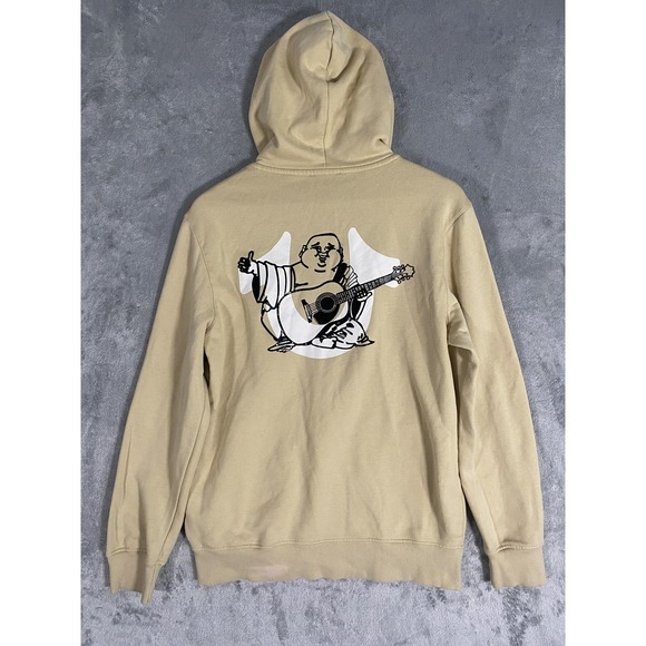 True Religion Hoodie Mens Small Tan Over Lap Buddha Zip Up Fleece Streetwear - Picture 1 of 13